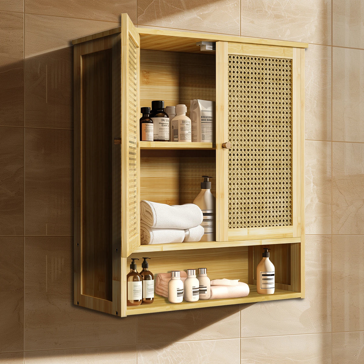 Bamboo Over Toilet Bathroom Wall Cabinet With Shelves And Doors