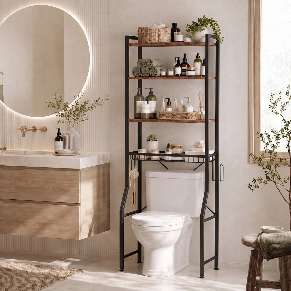 JHK Over Toilet Storage Shelf With Adjustable Rack And Hooks