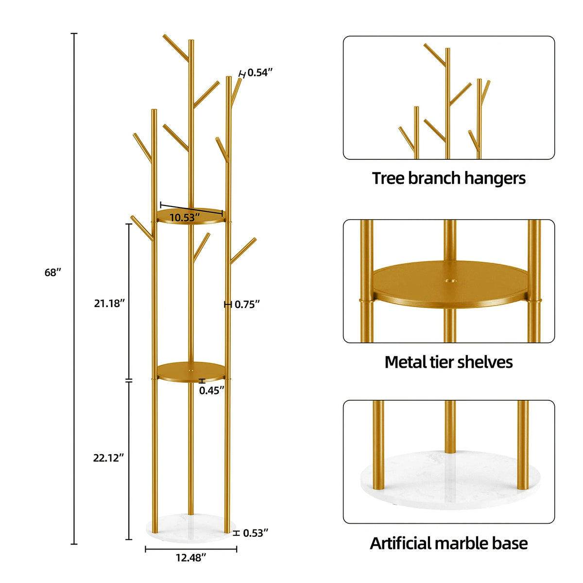 Freestanding Metal Marble Coat Rack With Hooks And Storage Shelves