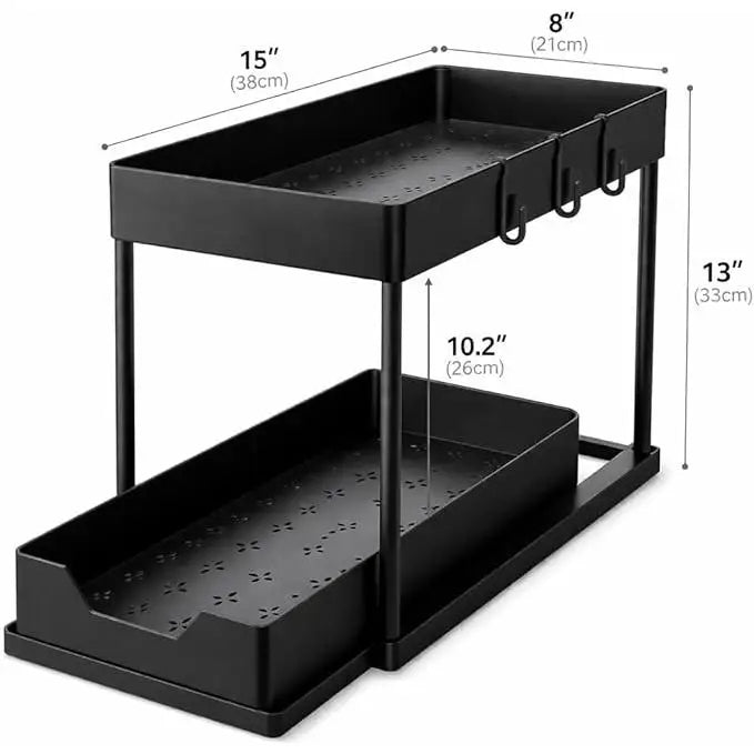 Sliding Under Sink Organizer With Hooks And Hanging Baskets