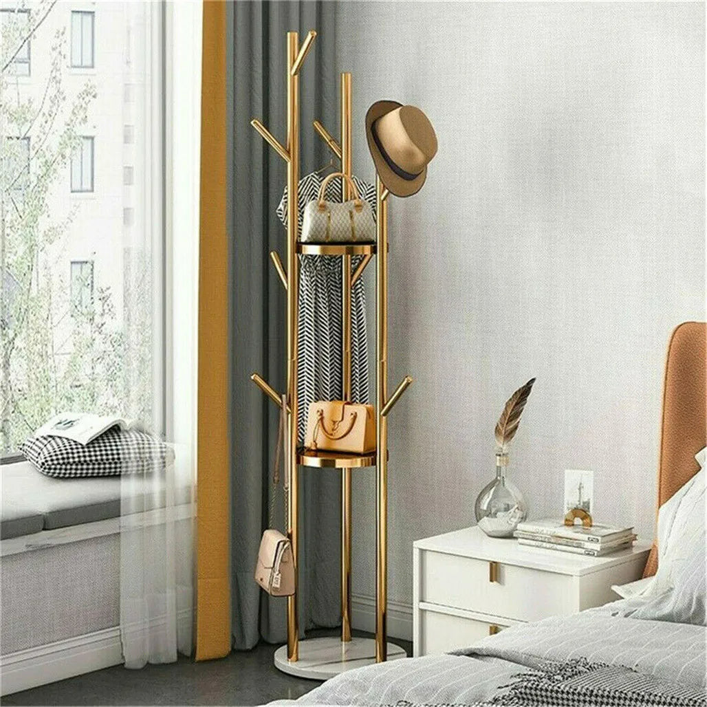 Freestanding Metal Marble Coat Rack With Hooks And Storage Shelves