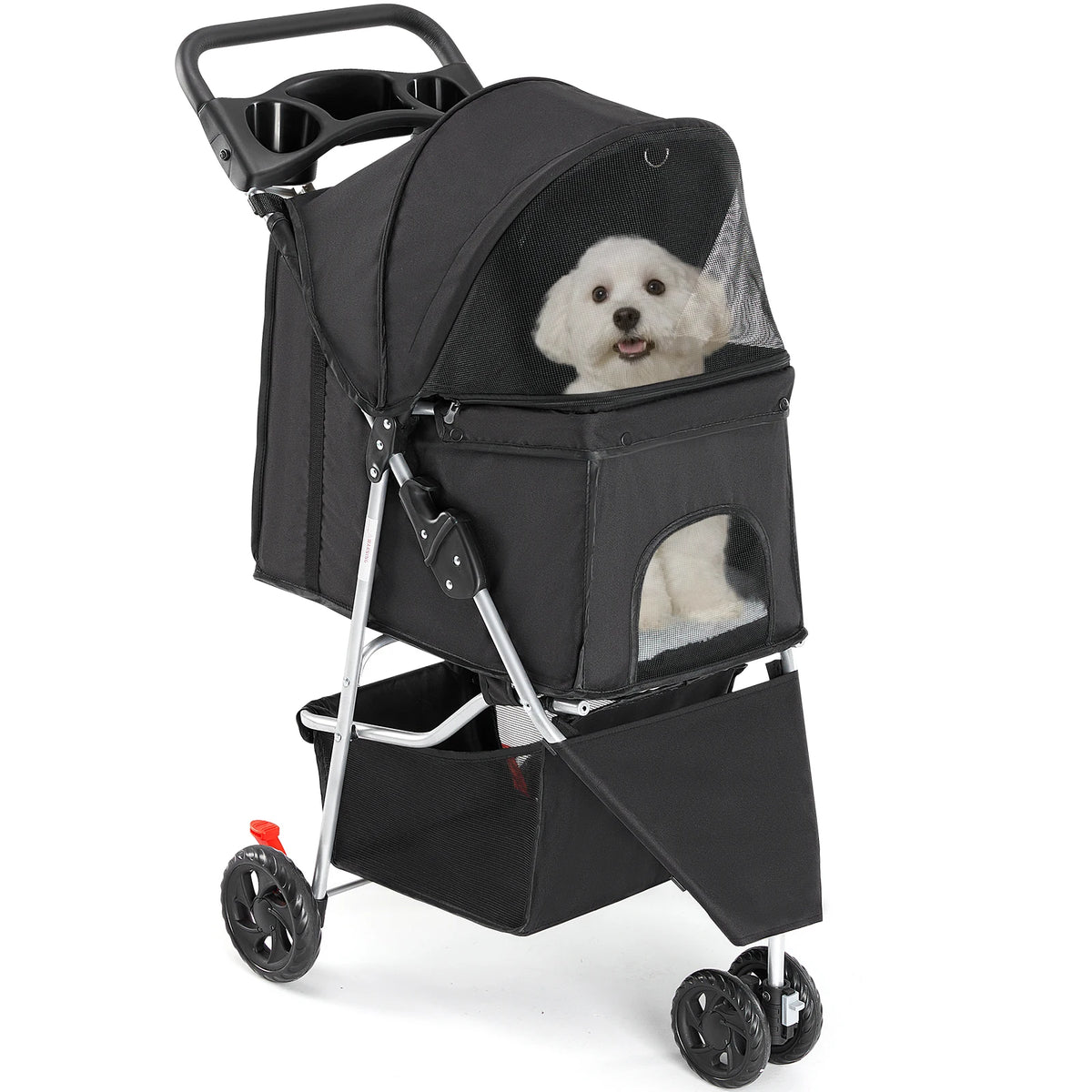 Foldable Three Wheel Pet Stroller With Mesh Windows And Storage