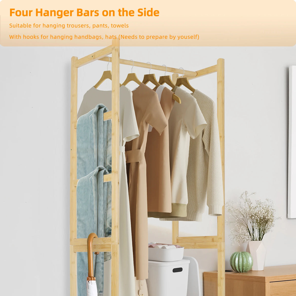Bamboo Garment Rack With Hanging Rod And Multiple Storage Shelves
