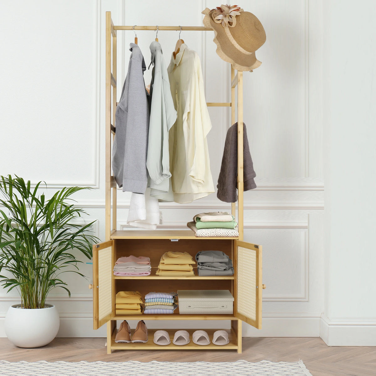 Bamboo Garment Rack With Hanging Rod And Multiple Storage Shelves