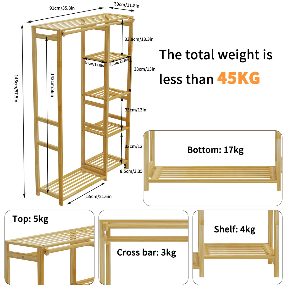 Open Wardrobe Bamboo Garment Rack With Shelves And Hanging Cover