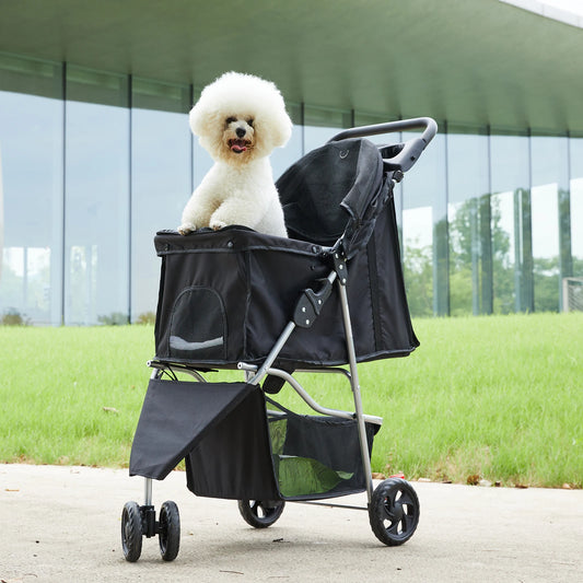 Foldable Three Wheel Pet Stroller With Mesh Windows And Storage