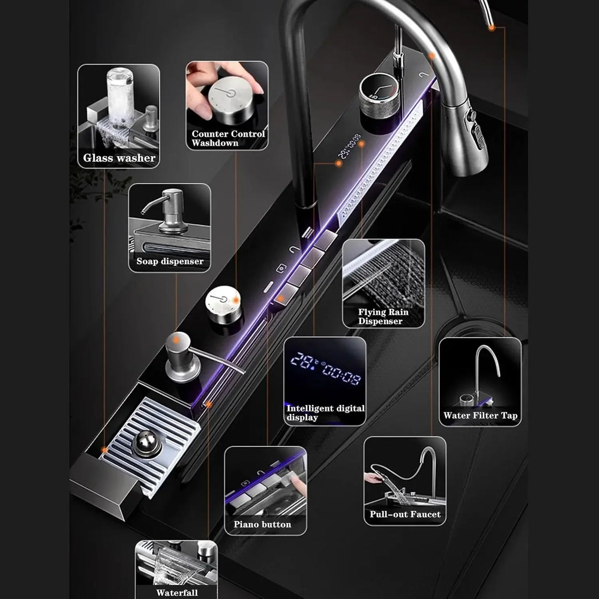 Double Waterfall Kitchen Sink Workstation With LED Display