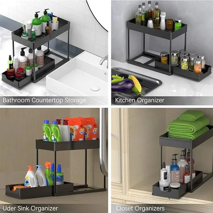 Sliding Under Sink Organizer With Hooks And Hanging Baskets