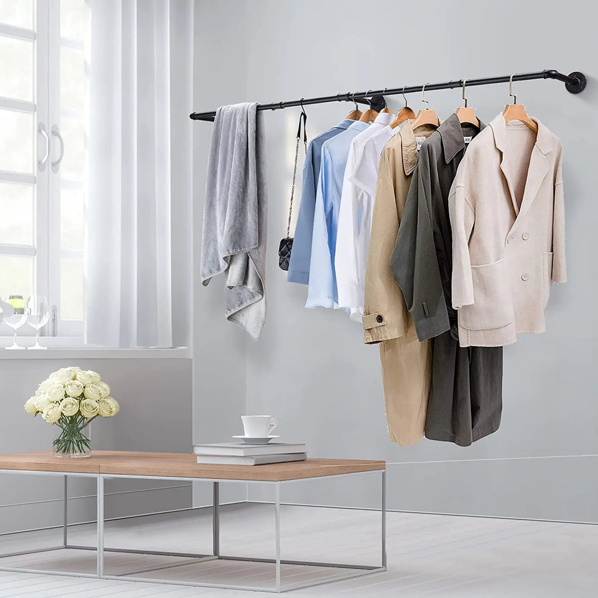 Industrial Wall Mounted Clothes Rack With Hanging Shelf And Hooks