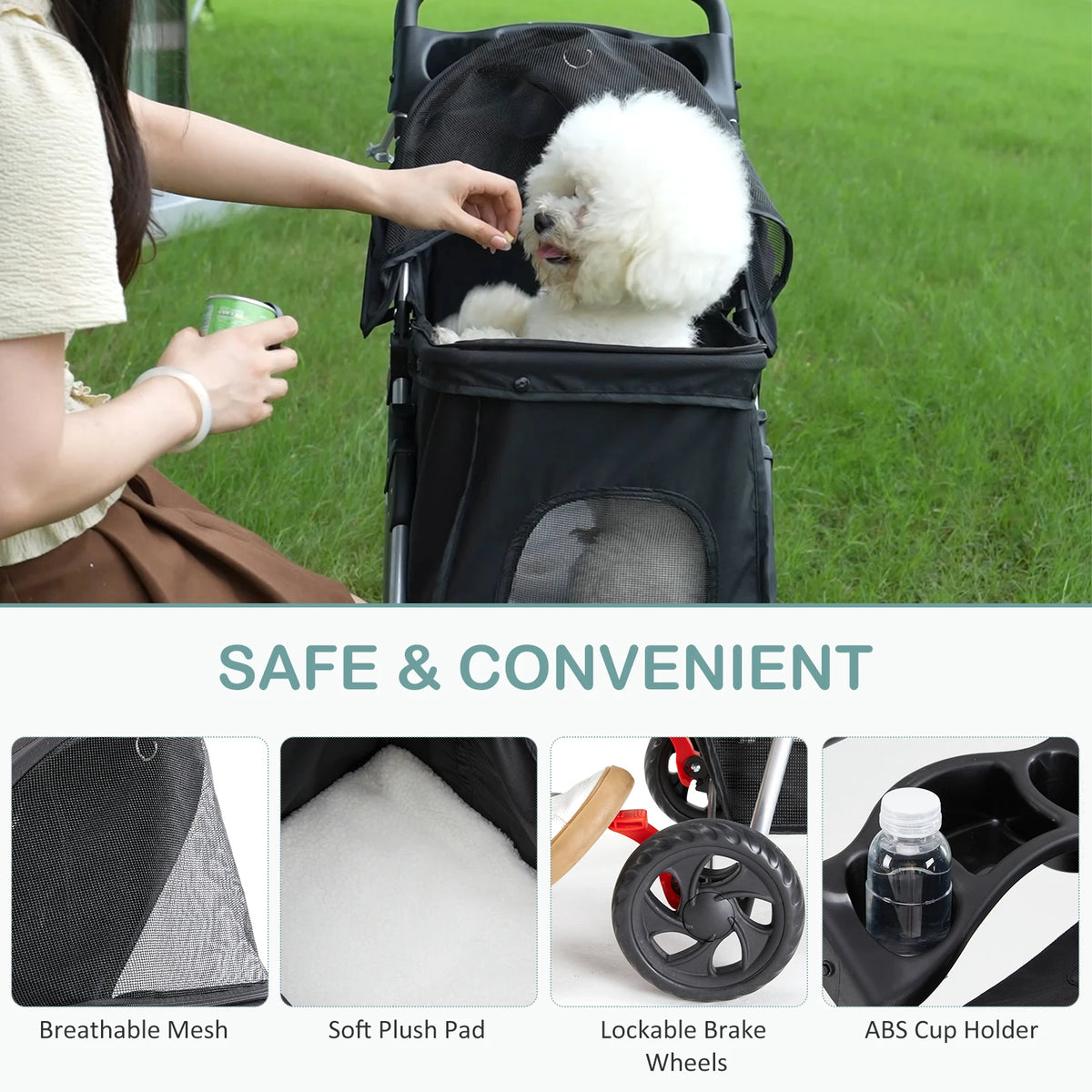 Foldable Three Wheel Pet Stroller With Mesh Windows And Storage
