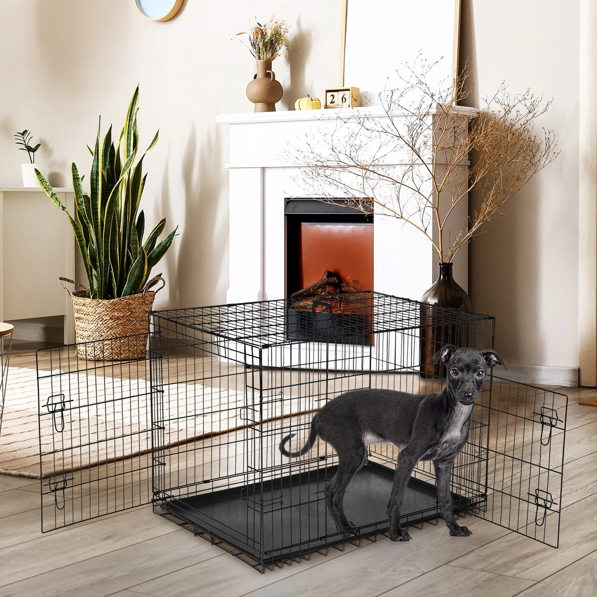 JHK Heavy Duty Folding Metal Dog Crate With Leakproof Pan