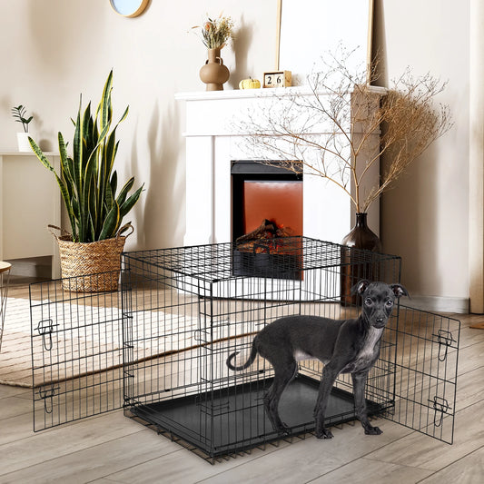 JHK Heavy Duty Folding Metal Dog Crate With Leakproof Pan