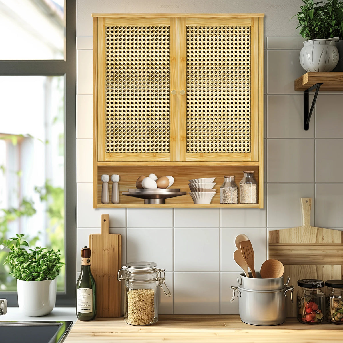 Bamboo Over Toilet Bathroom Wall Cabinet With Shelves And Doors