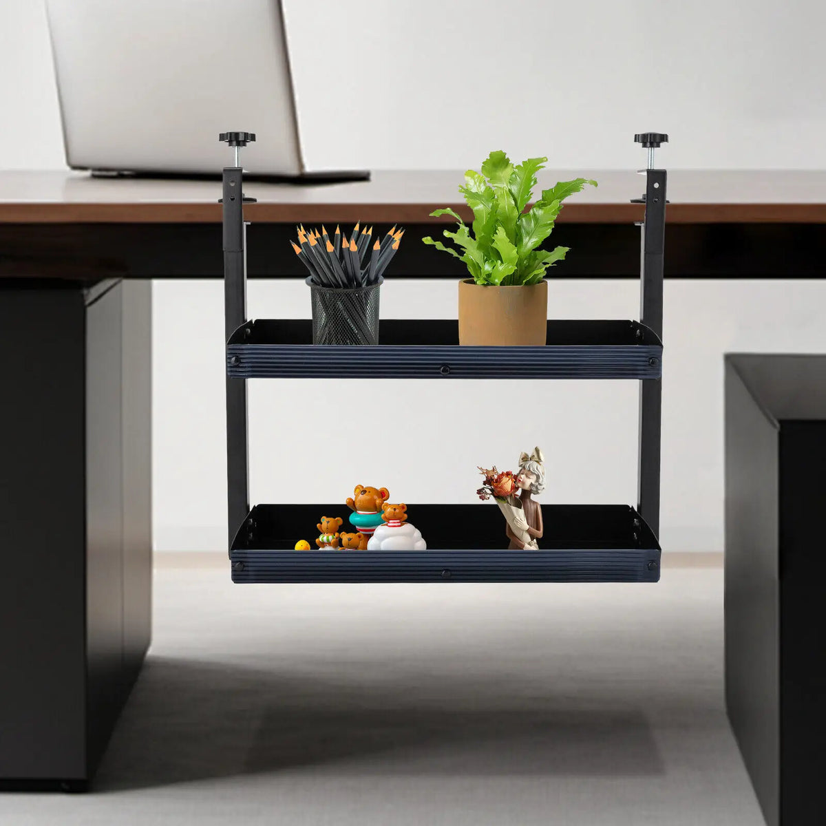 Clamp On Two Tier Desktop Shelf With Adjustable Storage Tray