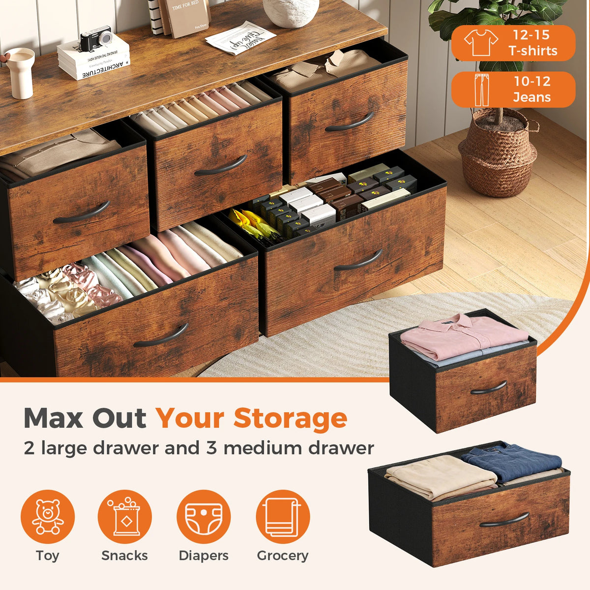 MCQ Five Drawer Fabric Storage Dresser With Wooden Top