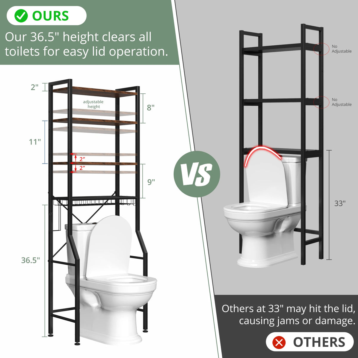 JHK Over Toilet Storage Shelf With Adjustable Rack And Hooks