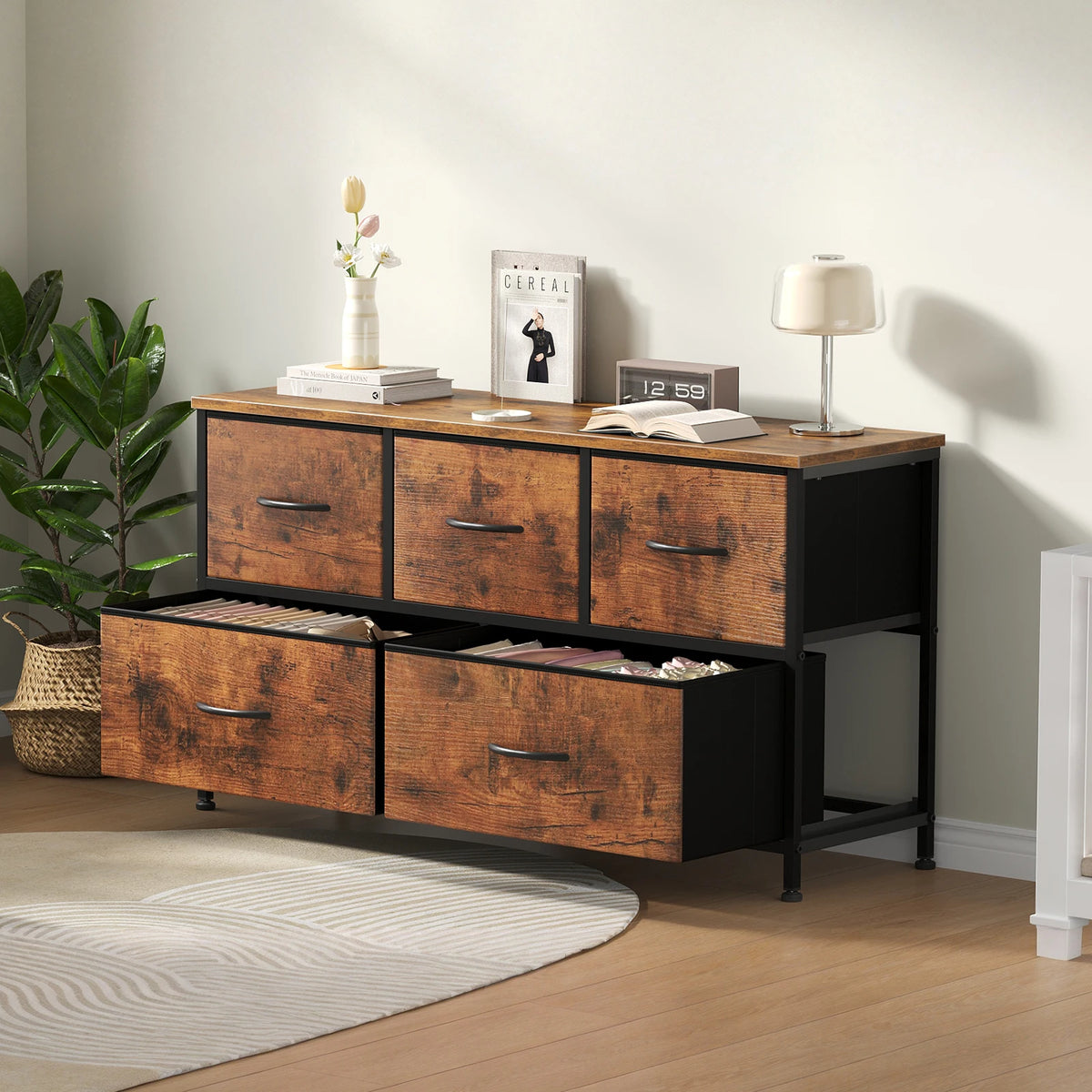 MCQ Five Drawer Fabric Storage Dresser With Wooden Top