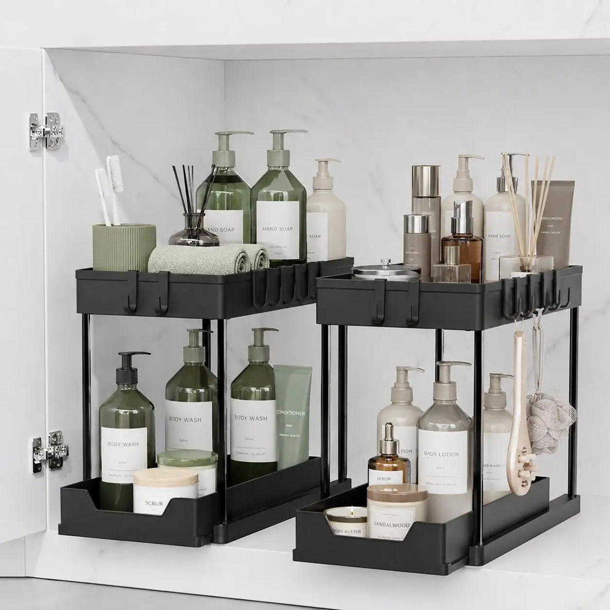 Two Tier Sliding Under Sink Organizer With Hooks And Baskets