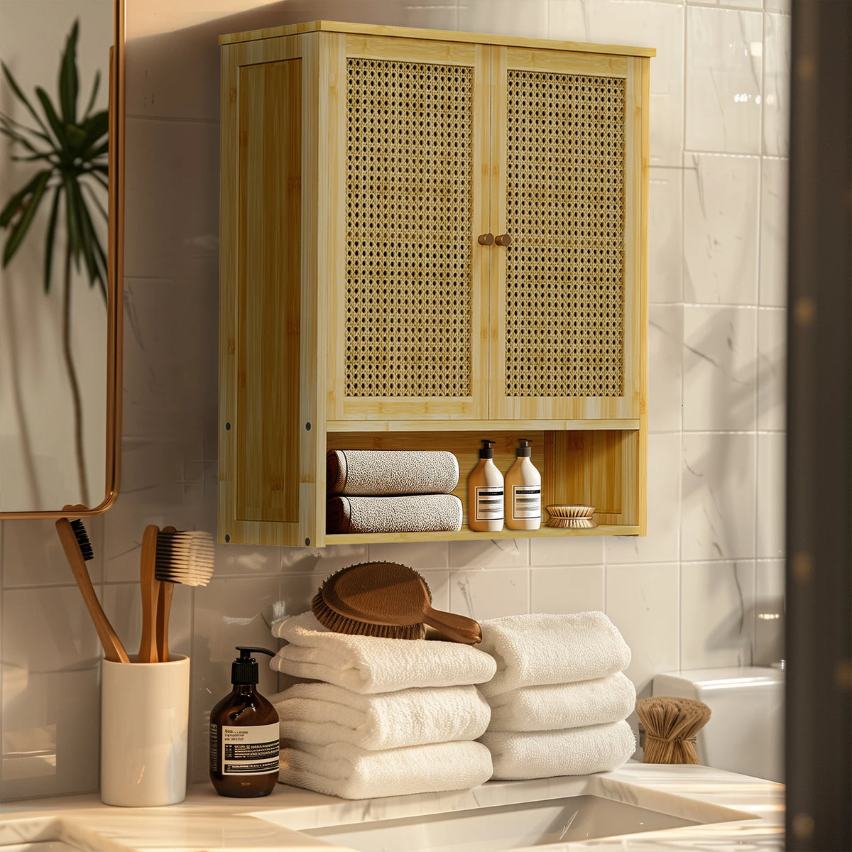Bamboo Over Toilet Bathroom Wall Cabinet With Shelves And Doors