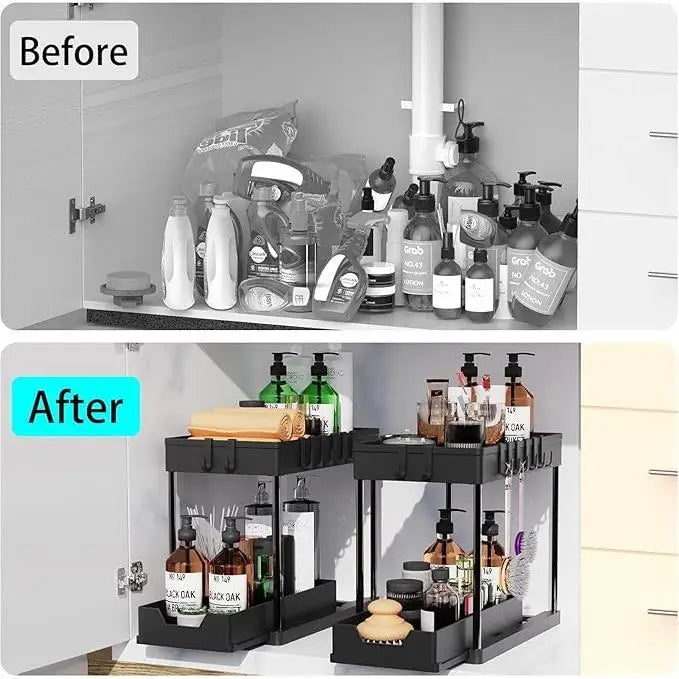 Two Tier Sliding Under Sink Organizer With Hooks And Baskets