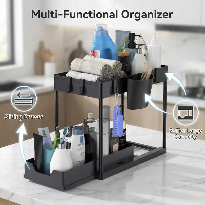 Sliding Under Sink Organizer With Hooks And Hanging Baskets
