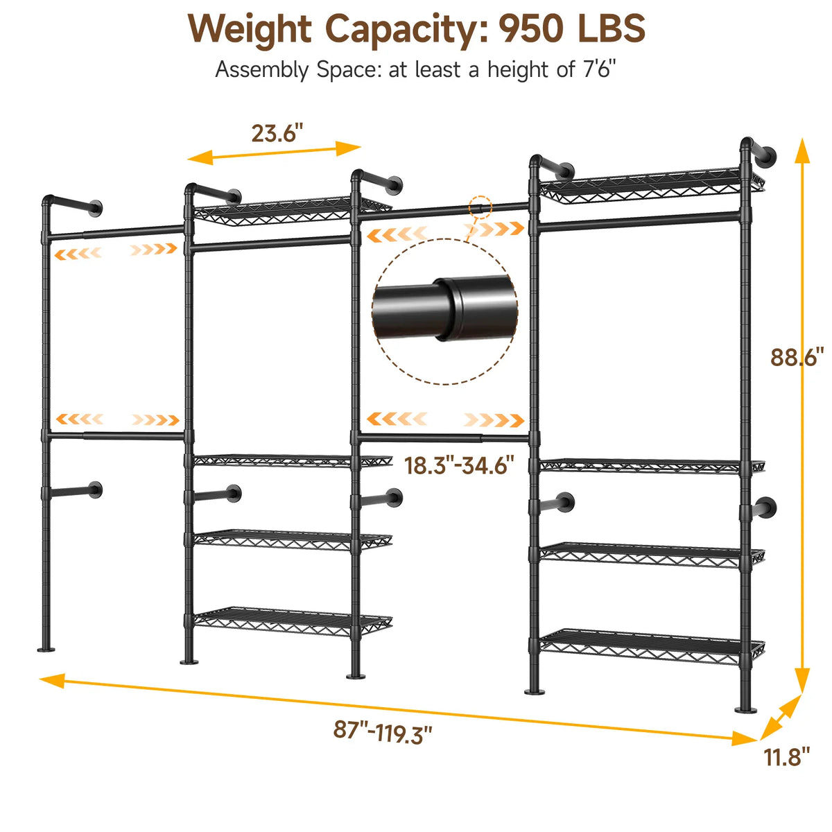ONBRILL Wall Mounted Industrial Pipe Clothing Rack With Expandable Rods
