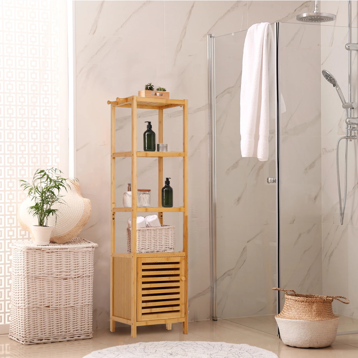 Freestanding Bamboo Bathroom Storage Cabinet With Corner Shelf Rack