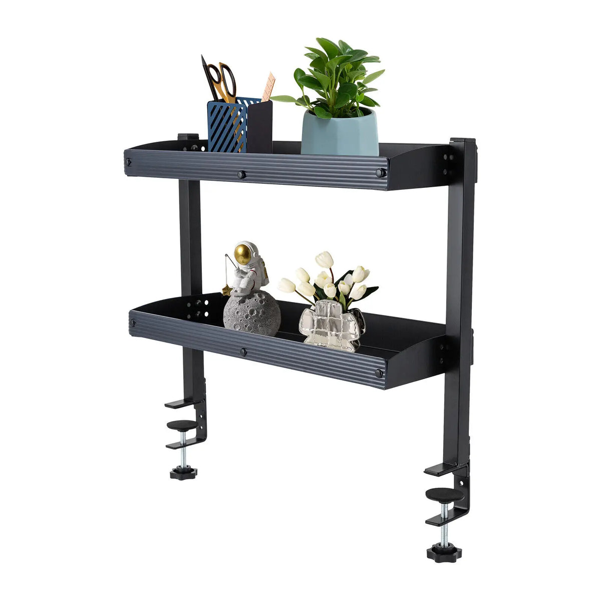 Clamp On Two Tier Desktop Shelf With Adjustable Storage Tray