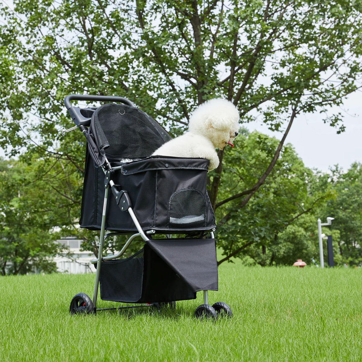 Foldable Three Wheel Pet Stroller With Mesh Windows And Storage