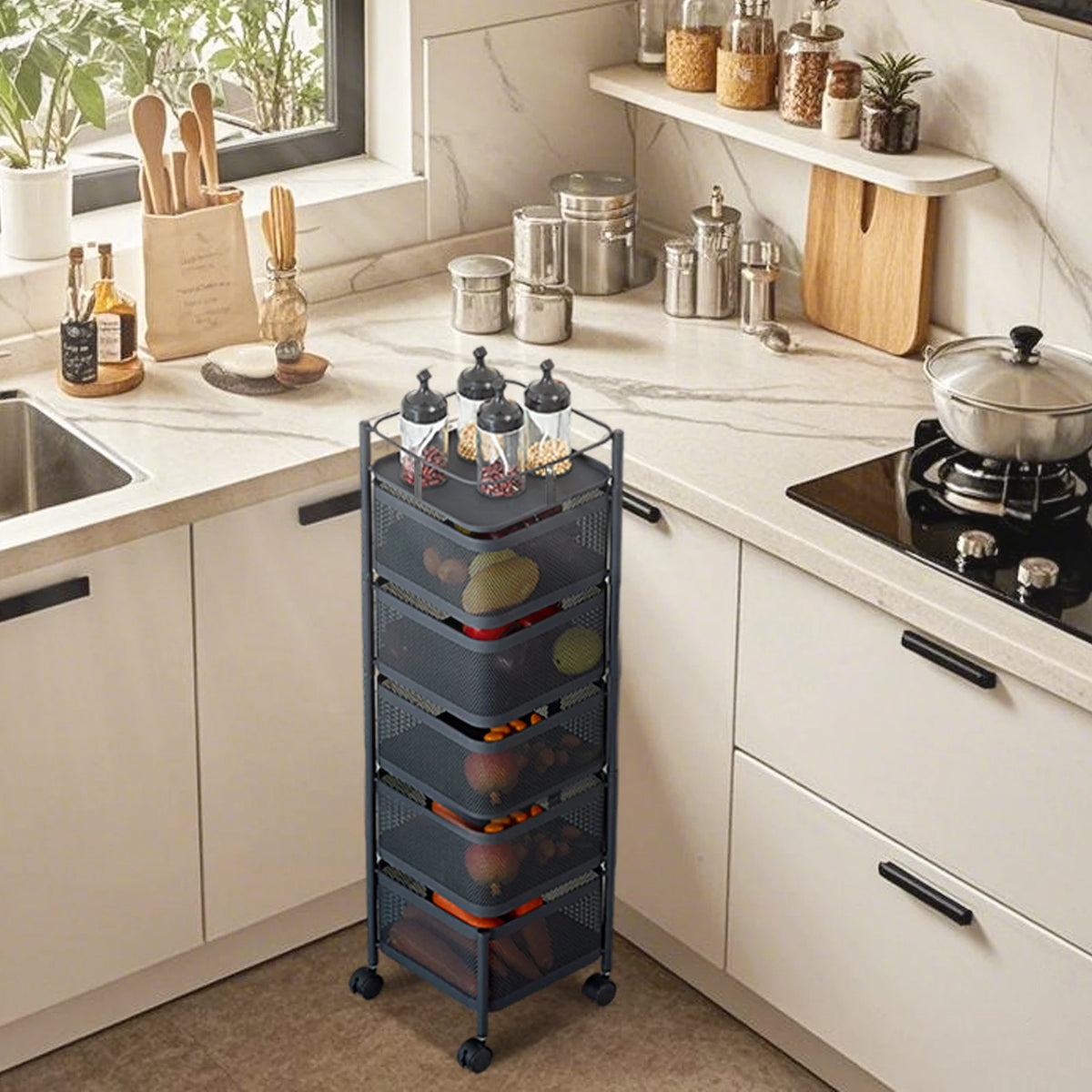 HobbyLane Rotating Metal Storage Trolley for Kitchen and Home