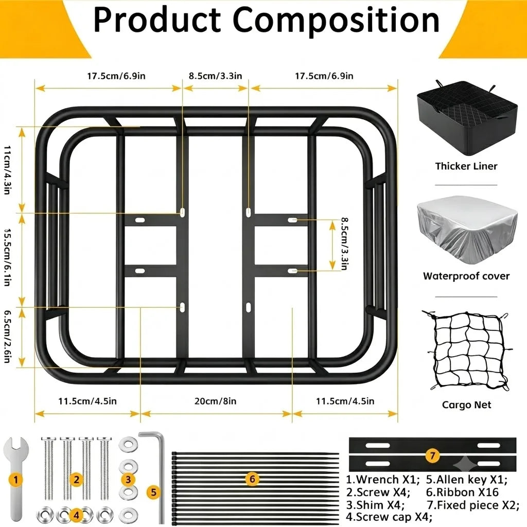 Heavy Duty Bike Rear Basket with Waterproof Cover and Accessories