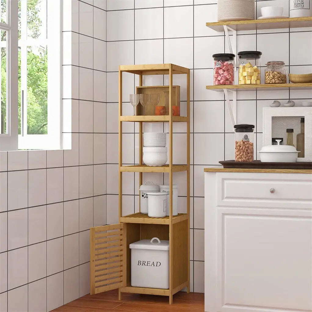 Freestanding Bamboo Bathroom Storage Cabinet With Corner Shelf Rack