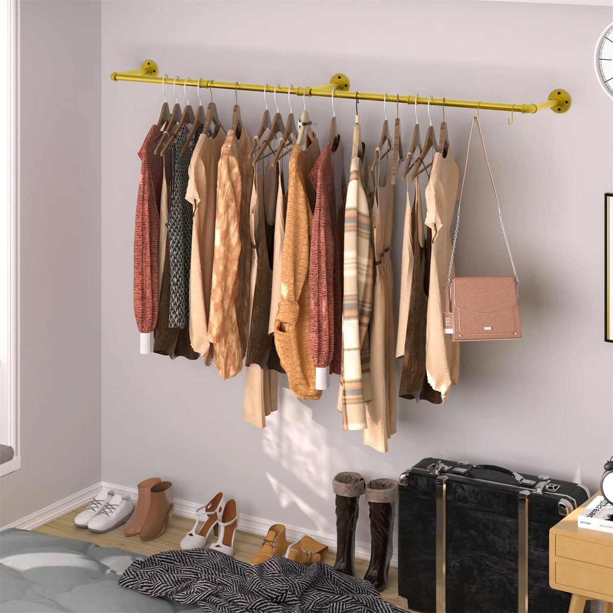 Industrial Wall Mounted Clothes Rack With Hanging Shelf And Hooks
