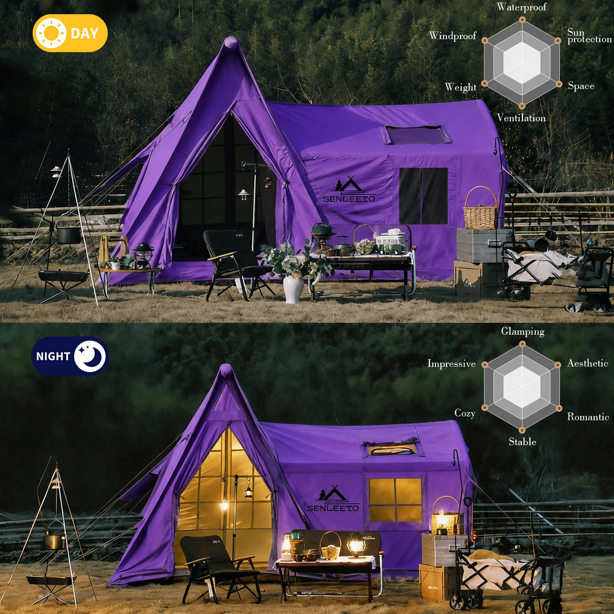 Senleeto Inflatable Camping Tent With Rain Canopy And Stove Jack