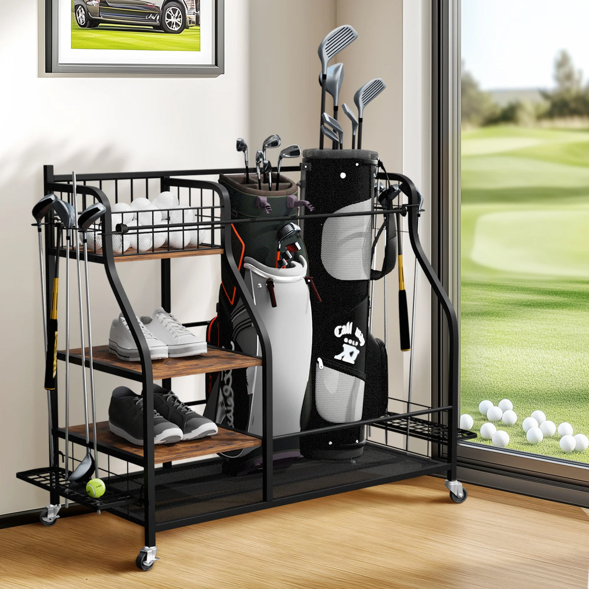 Rolling Golf Bag Storage Rack With Wheels And Equipment Shelves