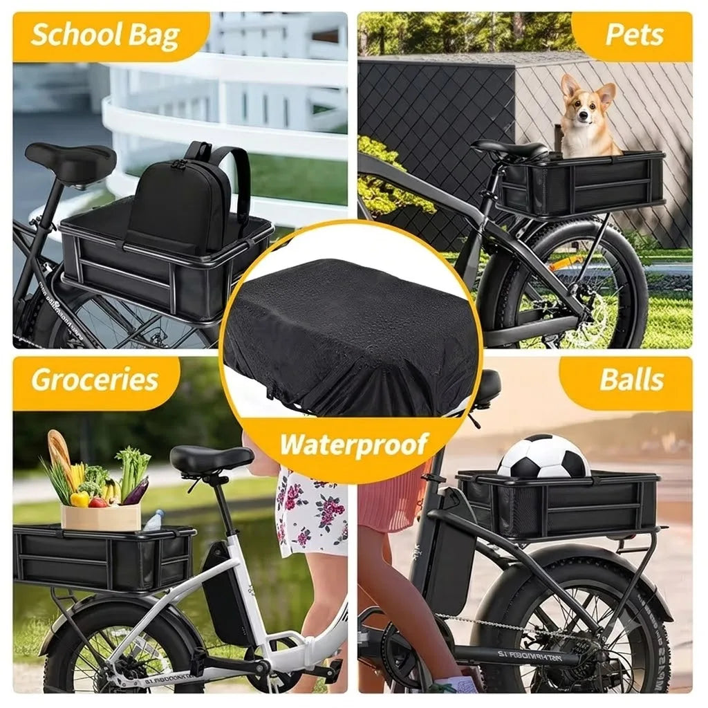 Heavy Duty Bike Rear Basket with Waterproof Cover and Accessories