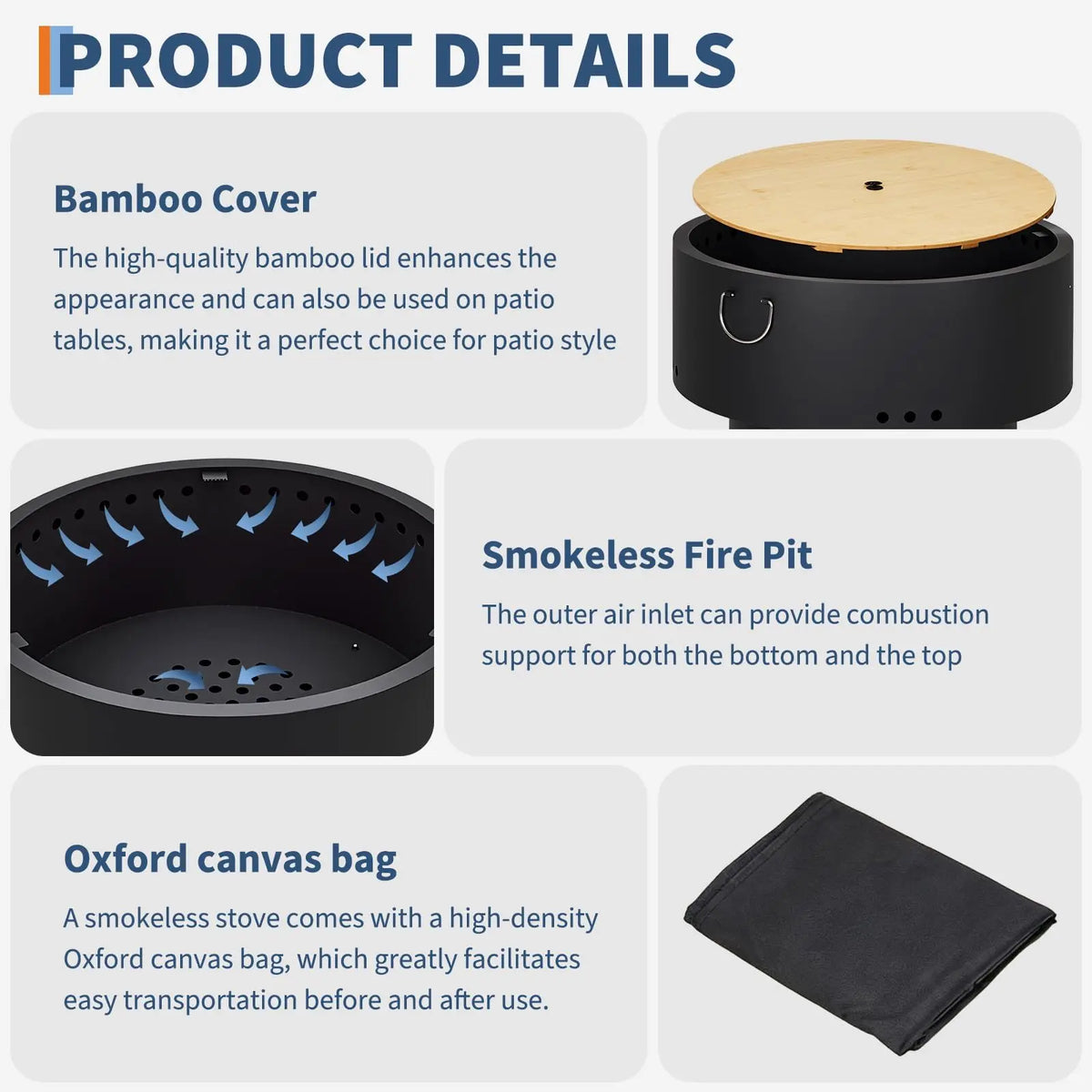 HiMISS Smokeless Fire Pit Table With Bamboo Lid And Ash Pan
