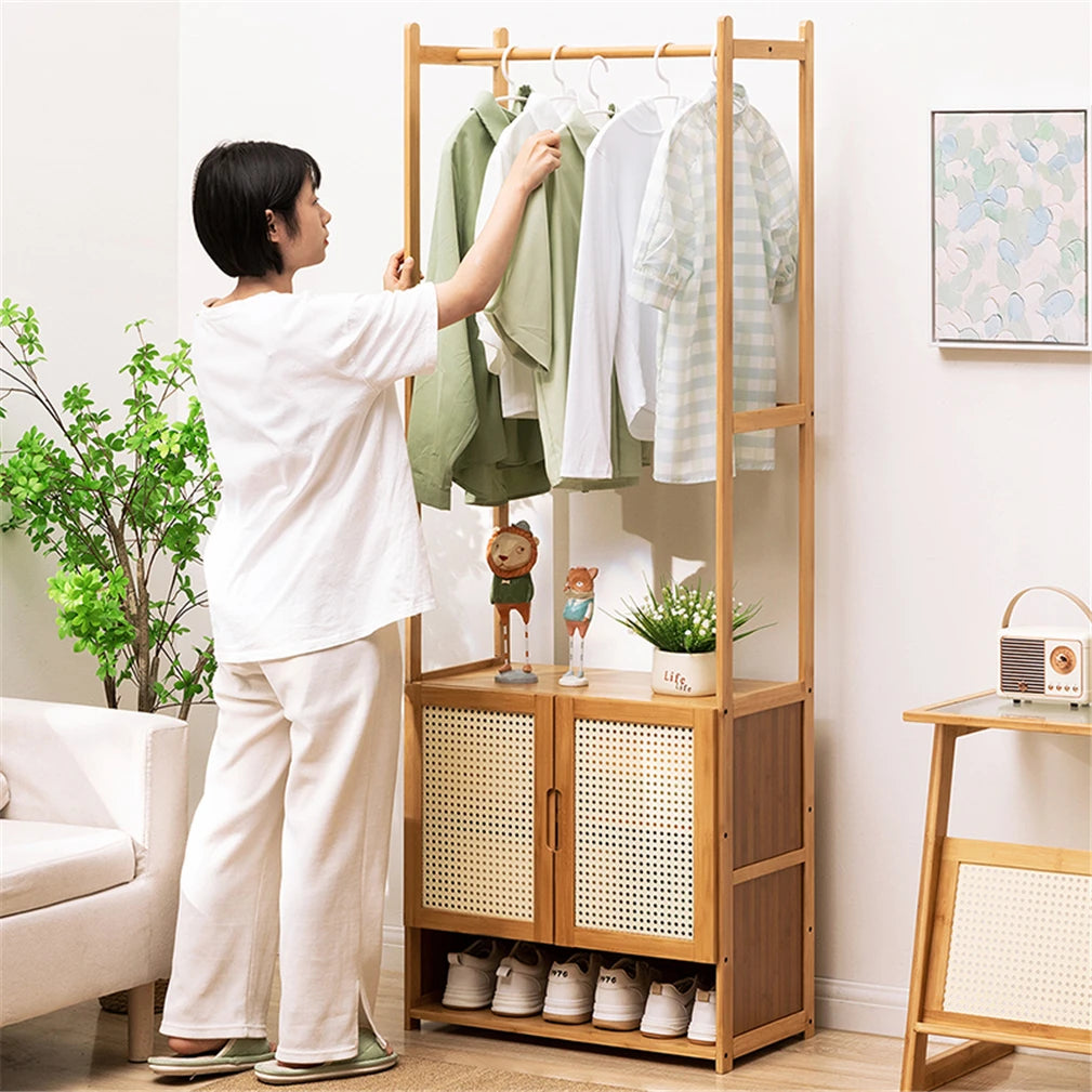 Bamboo Garment Rack With Hanging Rod And Multiple Storage Shelves