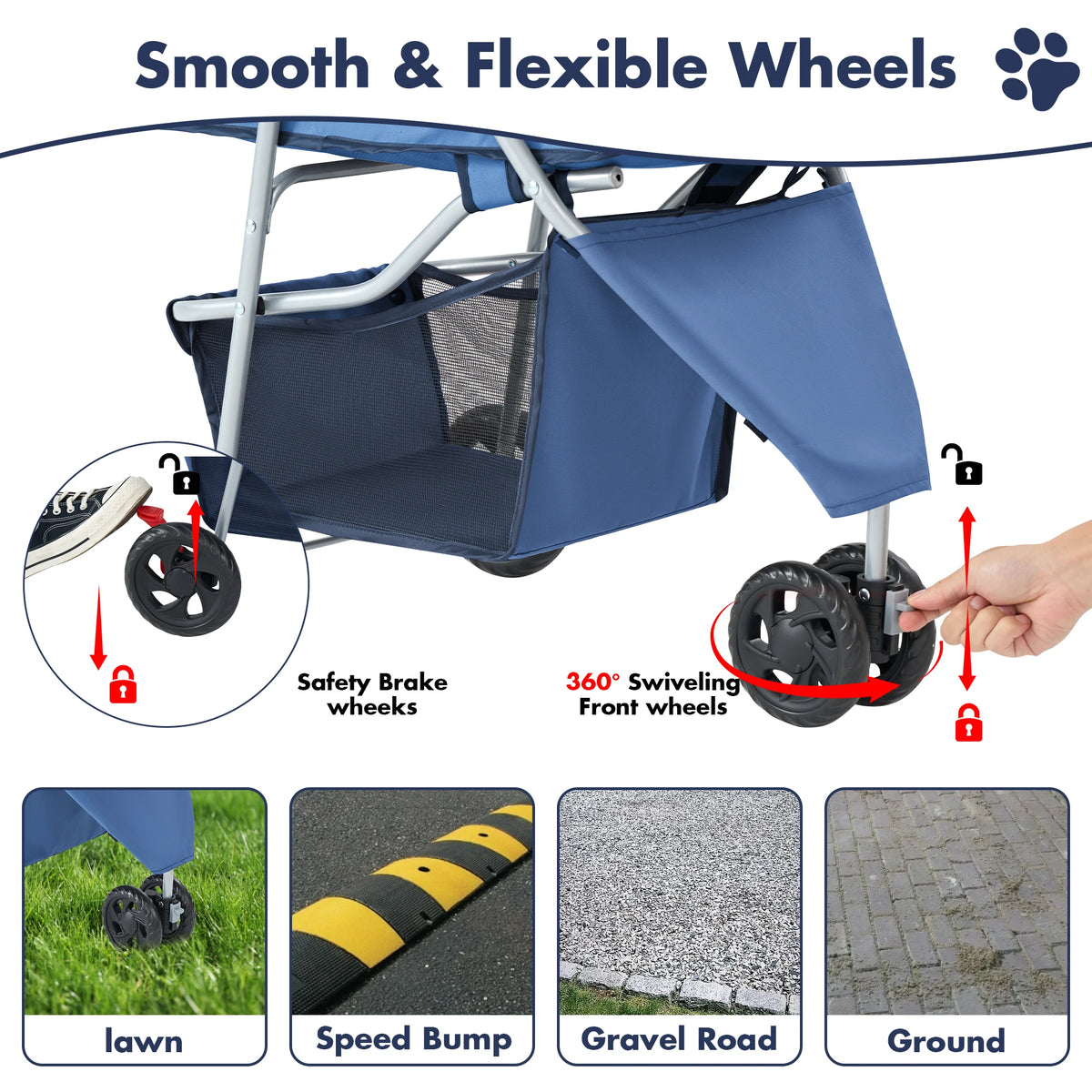 Foldable Three Wheel Pet Stroller With Mesh Windows And Storage