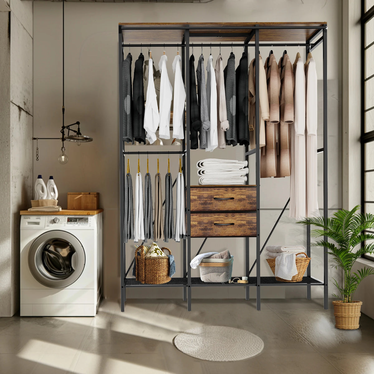 Industrial Metal Coat Rack With Drawers Shelves And Hanging Rail