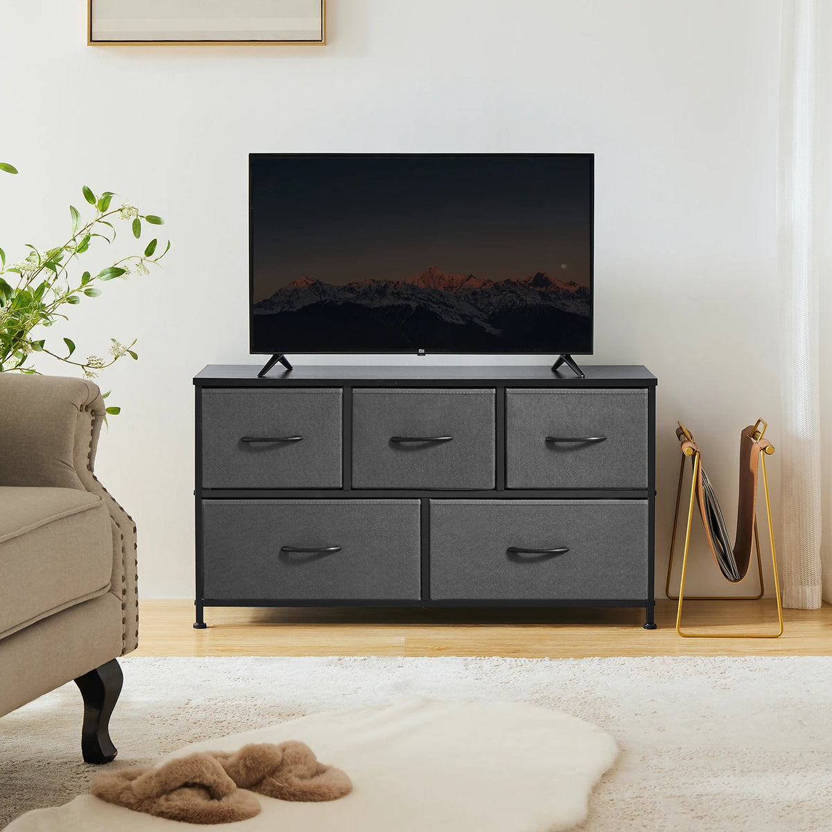 MCQ Five Drawer Fabric Storage Dresser With Wooden Top