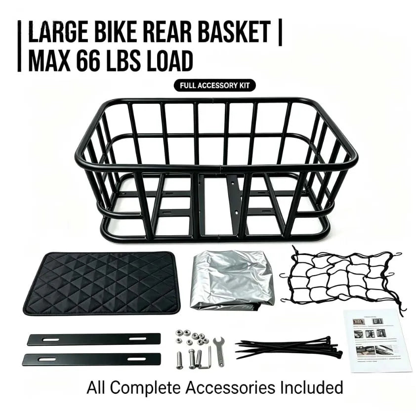 Heavy Duty Bike Rear Basket with Waterproof Cover and Accessories