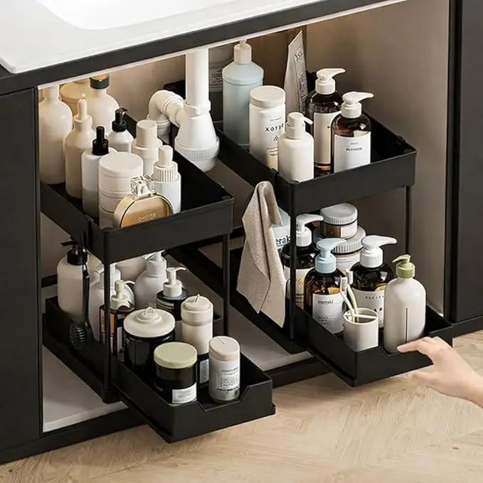 Sliding Under Sink Organizer With Hooks And Hanging Baskets