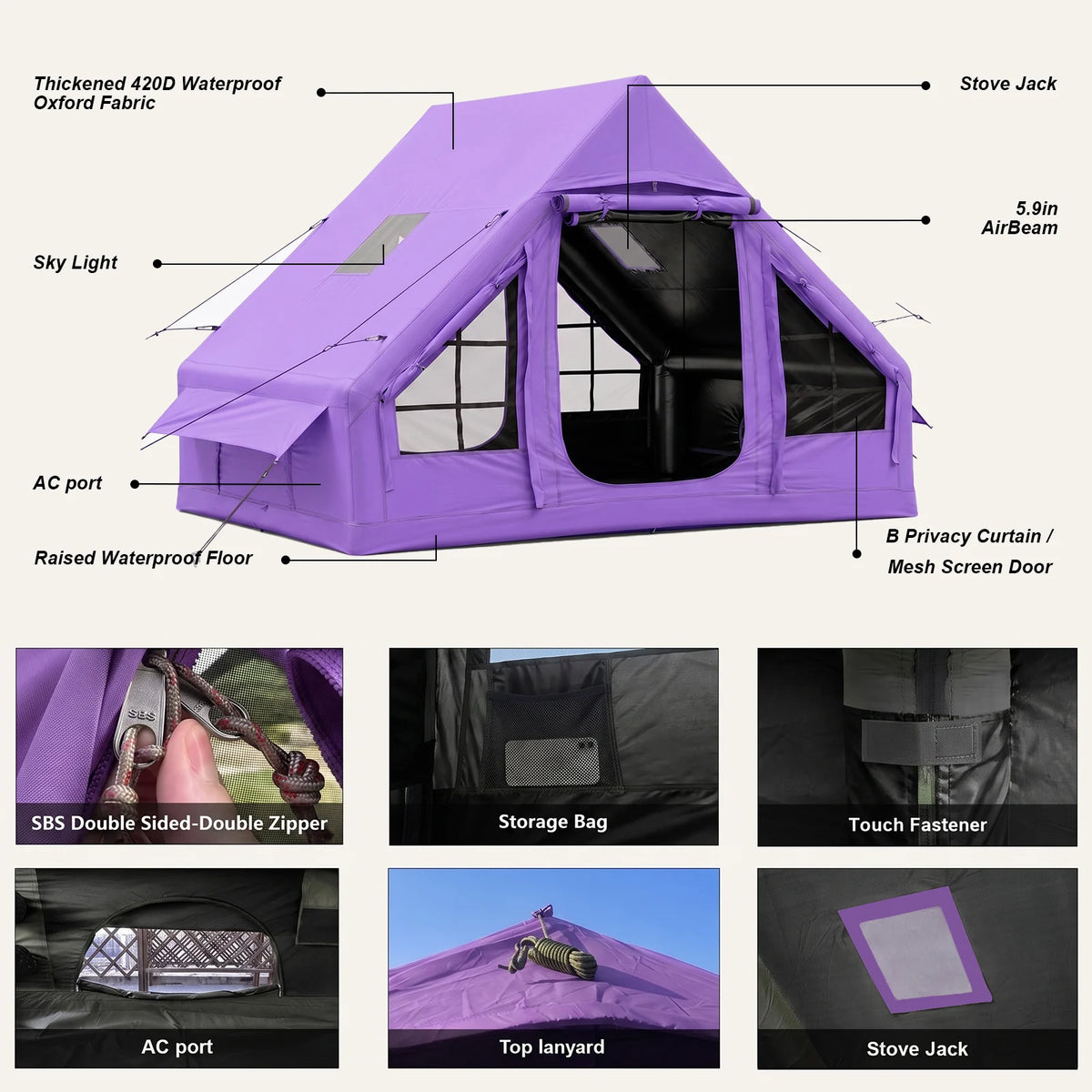 Senleeto Inflatable Camping Tent With Stove Jack Mesh Window