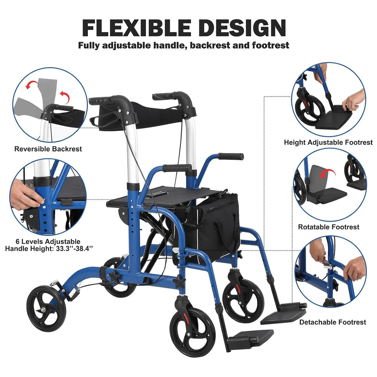 Foldable Aluminum Rollator Walker With Seat And Adjustable Height