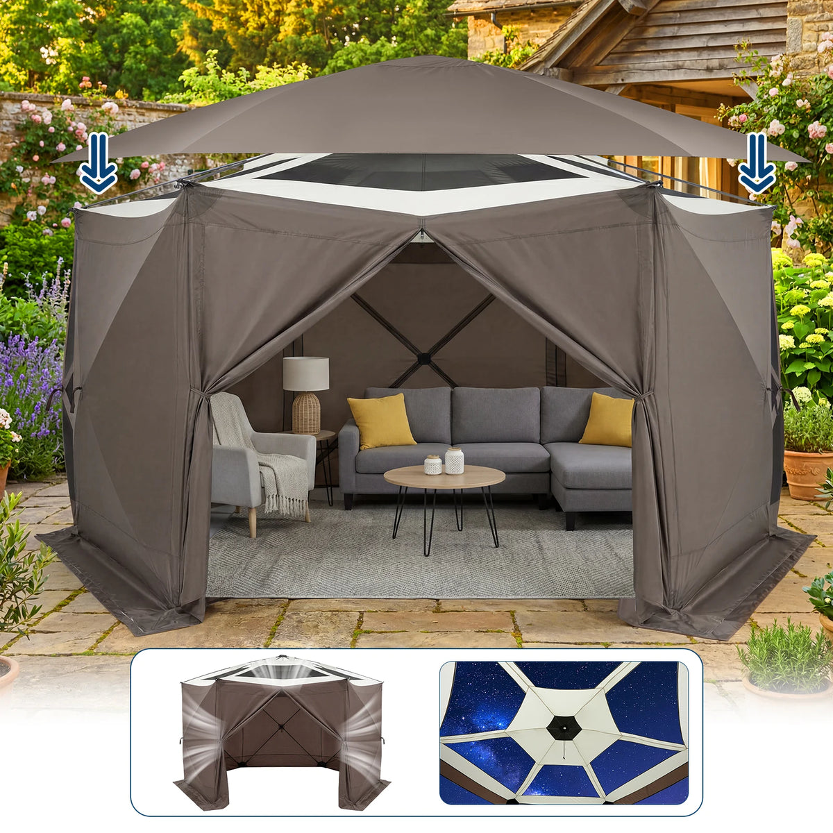 Hexagonal Double Layer Screen Canopy Outdoor Folding Shelter