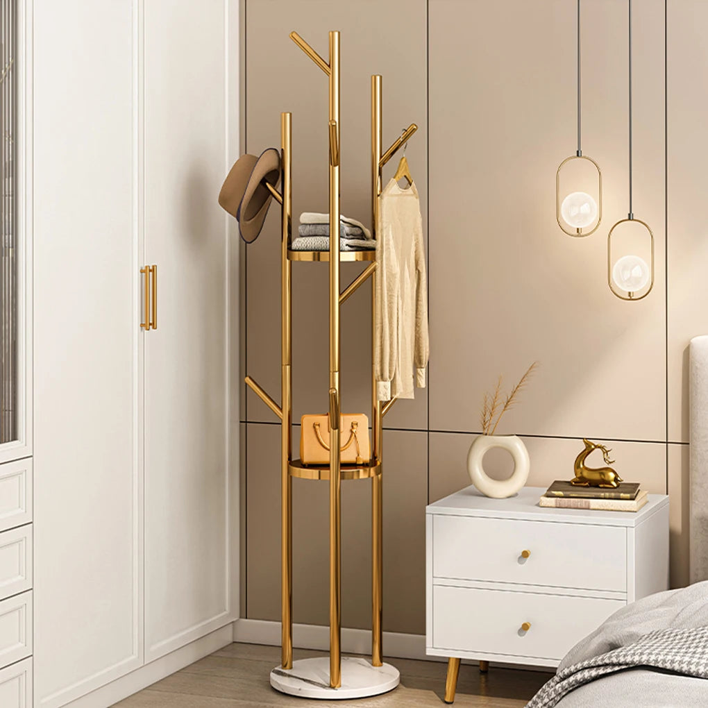 Freestanding Metal Marble Coat Rack With Hooks And Storage Shelves